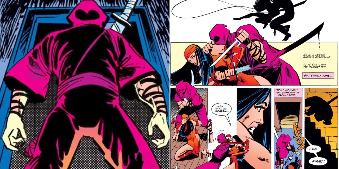 Kirigi standing ominously in his ninja garb and fighting Elektra in Marvel comics