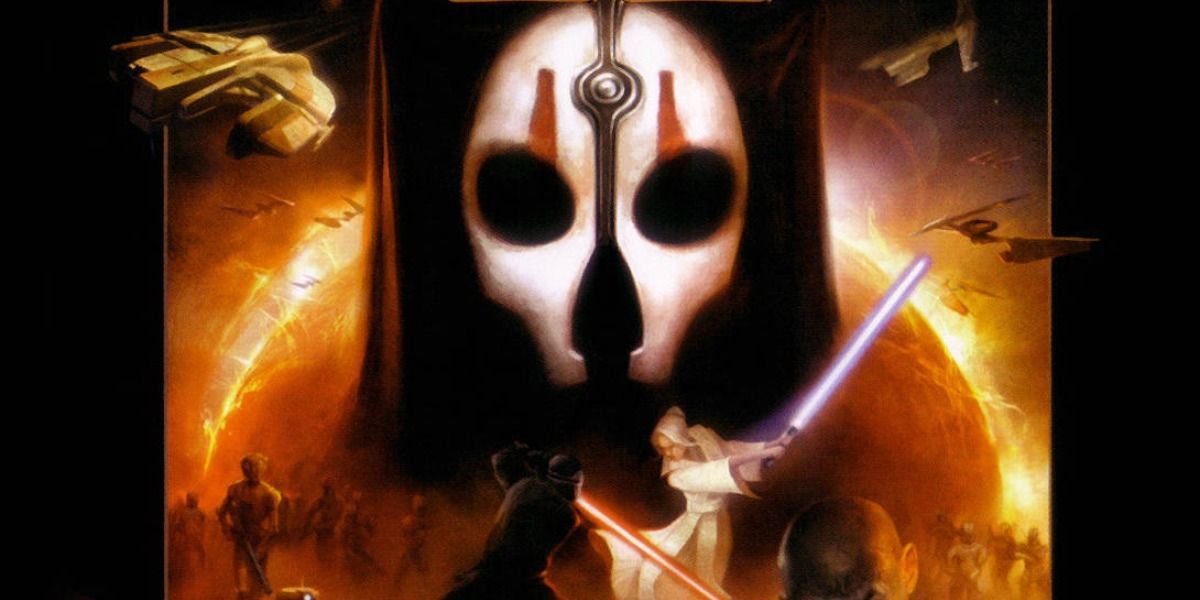 Darth Nihillus surveys a battle between a Jedi and a Sith Lord in Knights of The Old Republic 2.