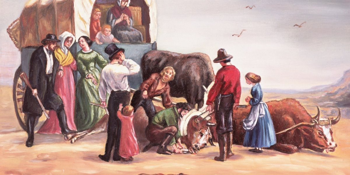 A painting of the Donner party tending to their wagon and fallen cattle