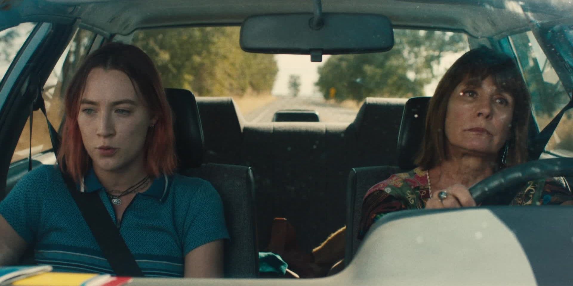 Lady Bird and her mom listen to music angrily in the car
