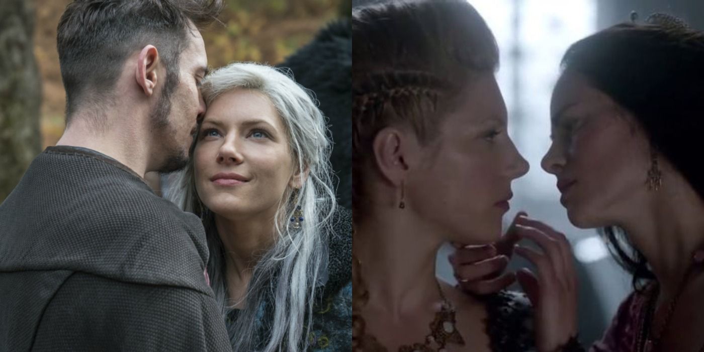 Split image showing Lagertha flirting with Bishop heahmund and Lagertha kissing Astrid in Vikings