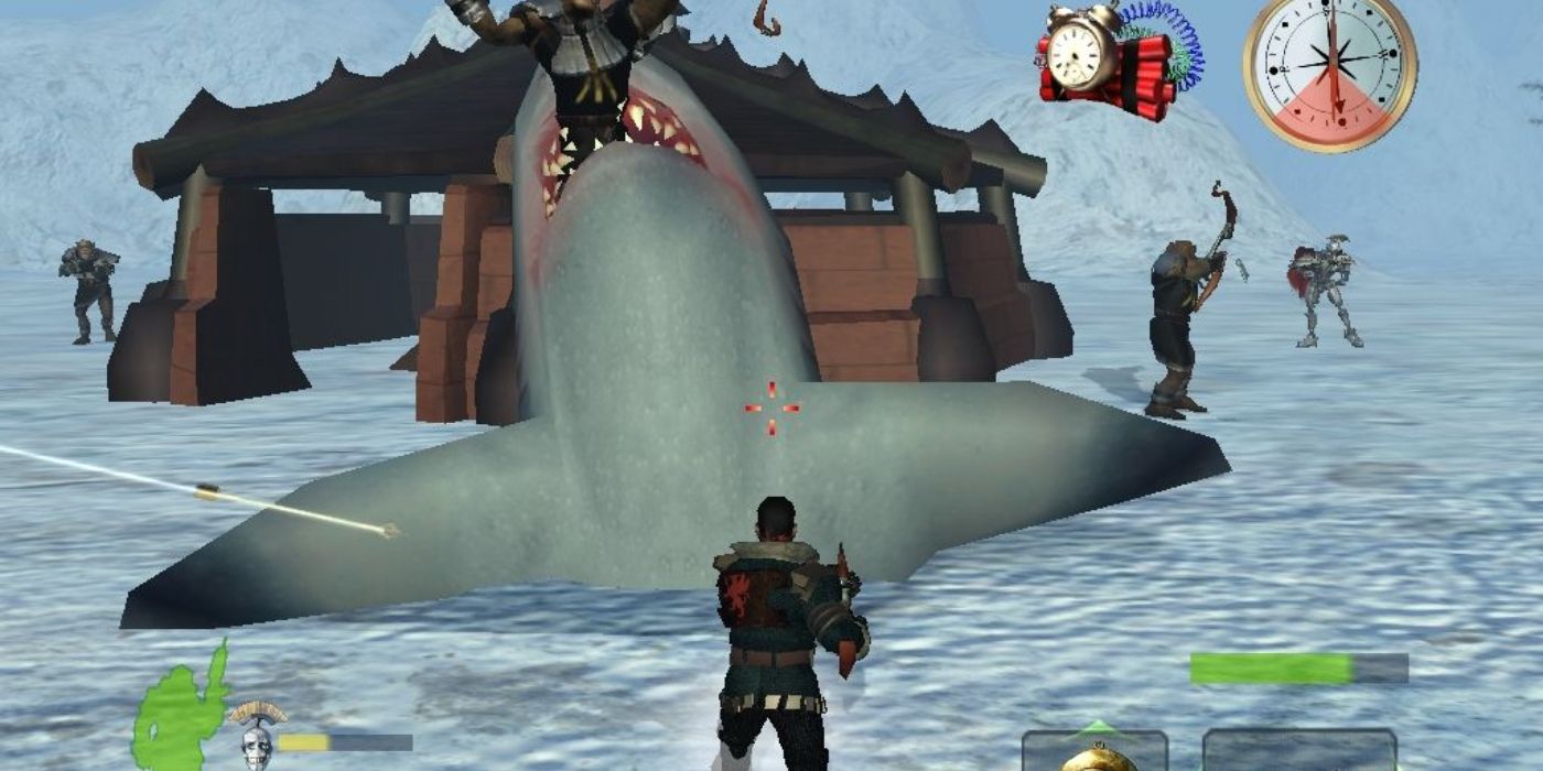 Um jogador usa a Land Shark Gun em Armed and Dangerous.