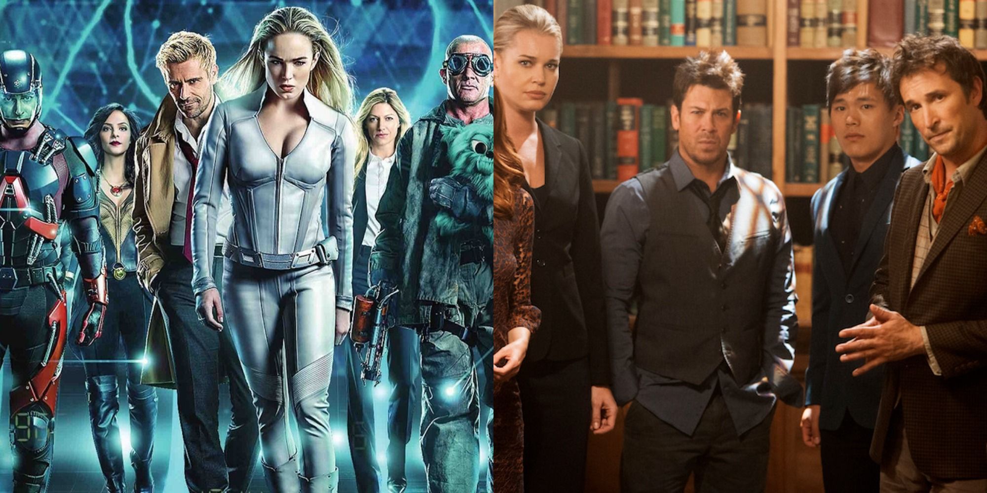 Split image showing the cast of Legends of Tomorrow and The Librarians