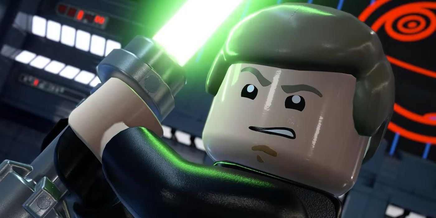 A Lego version of Luke fights in the Skywalker Saga