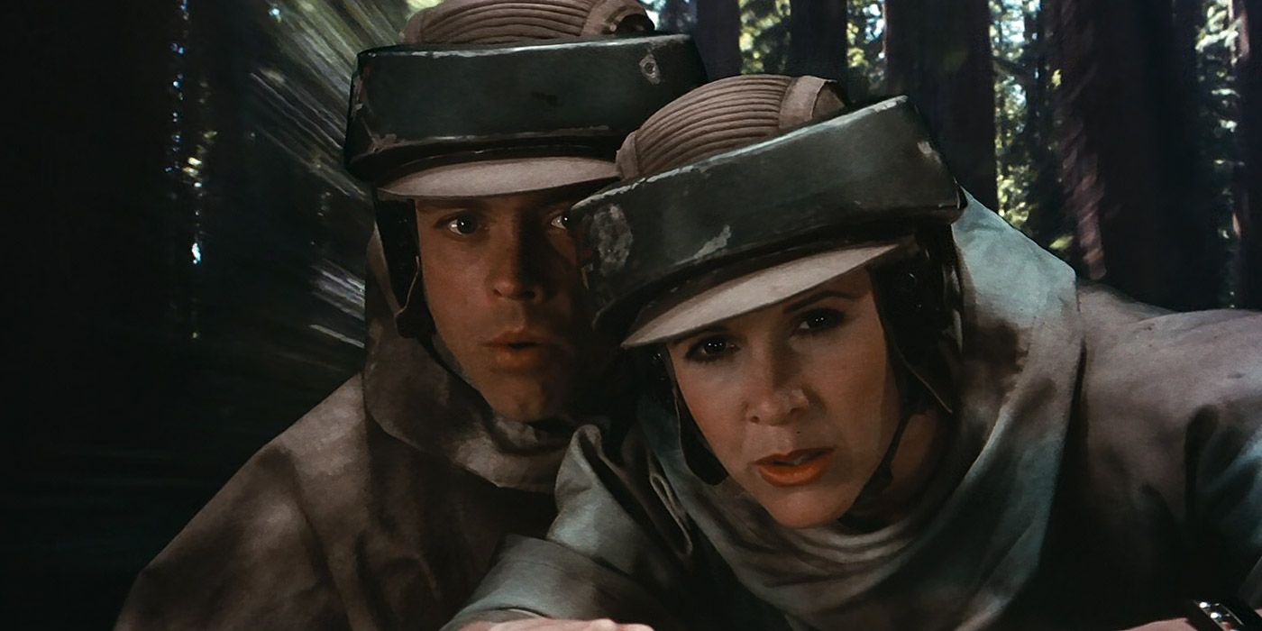 Princess Leia and Luke Skywalker on a speeder in Star Wars
