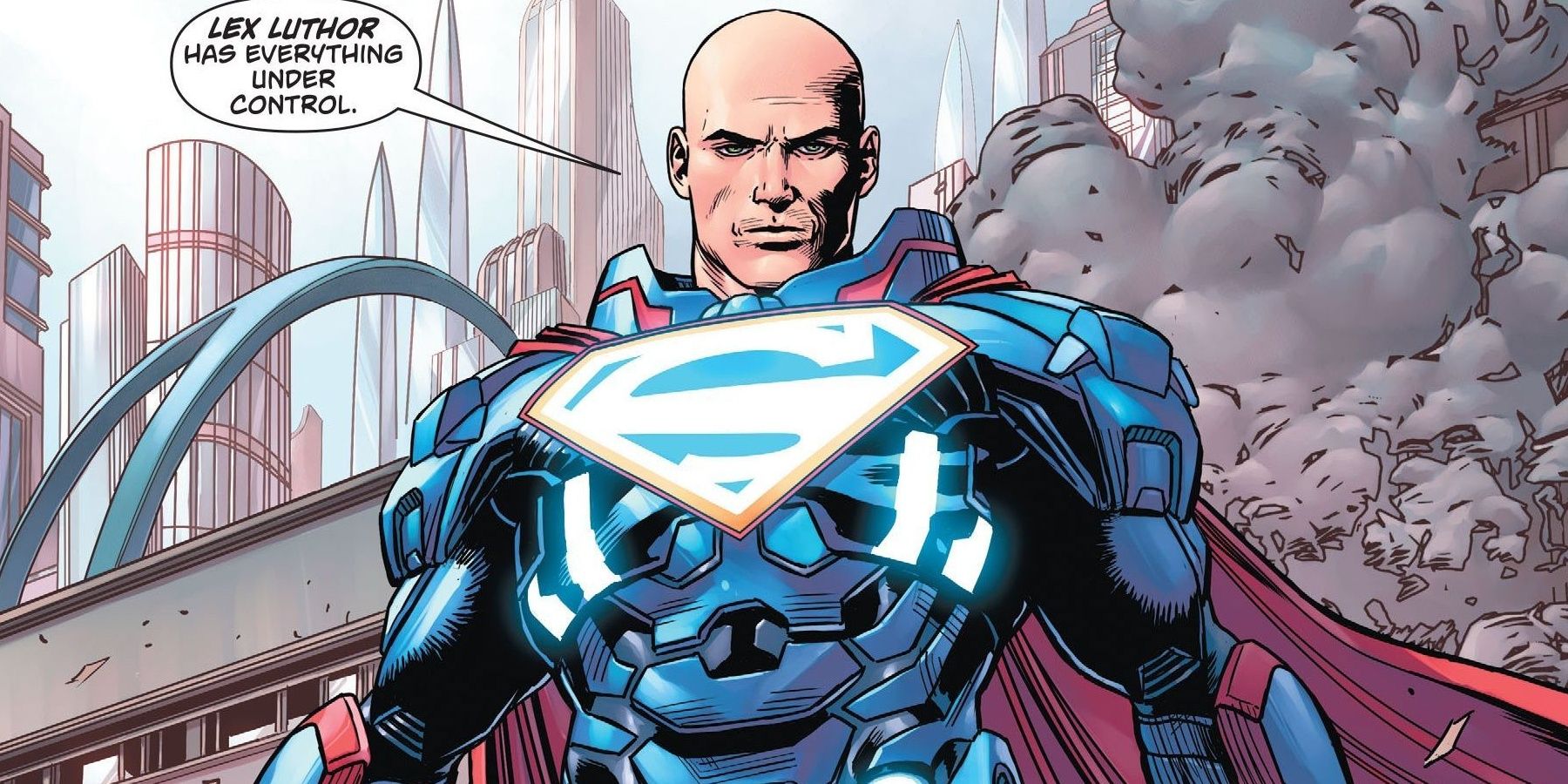 Lex Luthor wearing Superman&rsquo;s warsuit in Action Comics