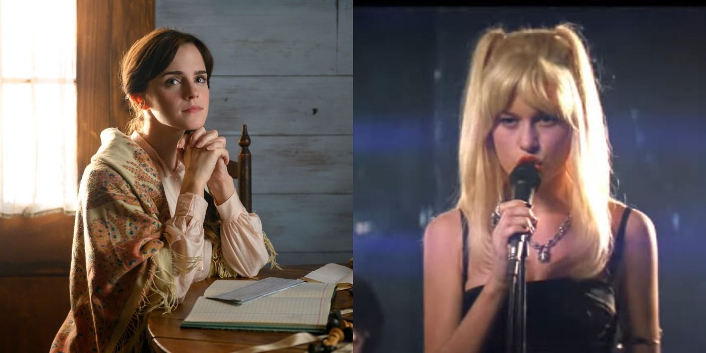 Split image of Emma Watson in Little Women and Brie Larson in Scott Pilgrim vs. The World