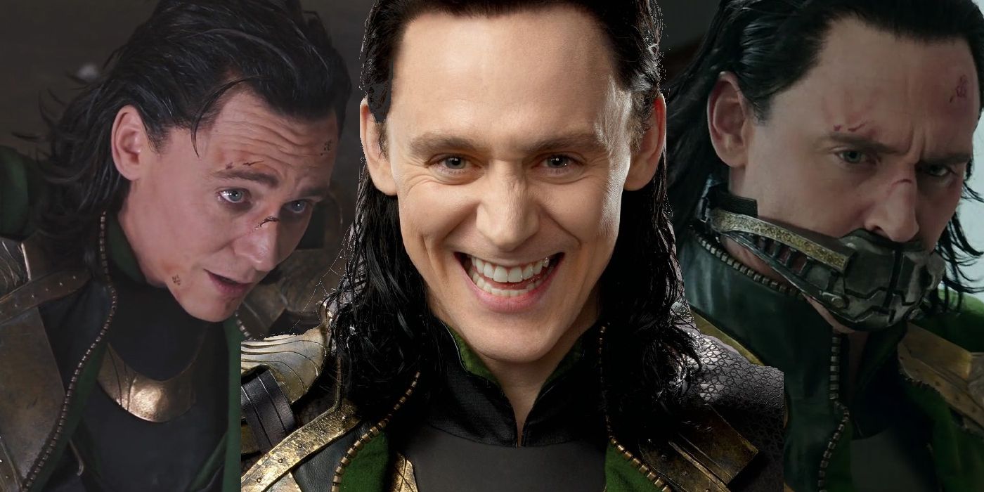 Split image of Loki looking up, smiling, and masked in The Avengers and Endgame.