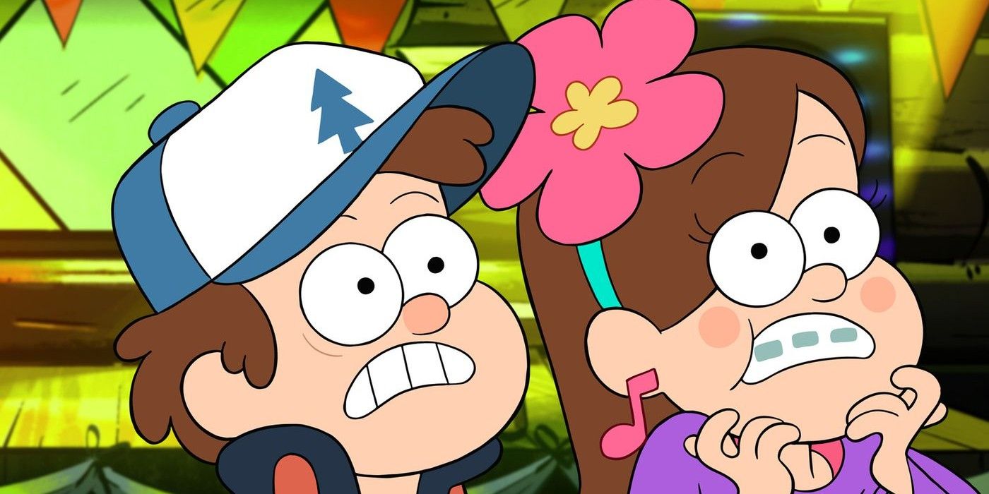 Mabel and Dipper of Gravity Falls stand in fear