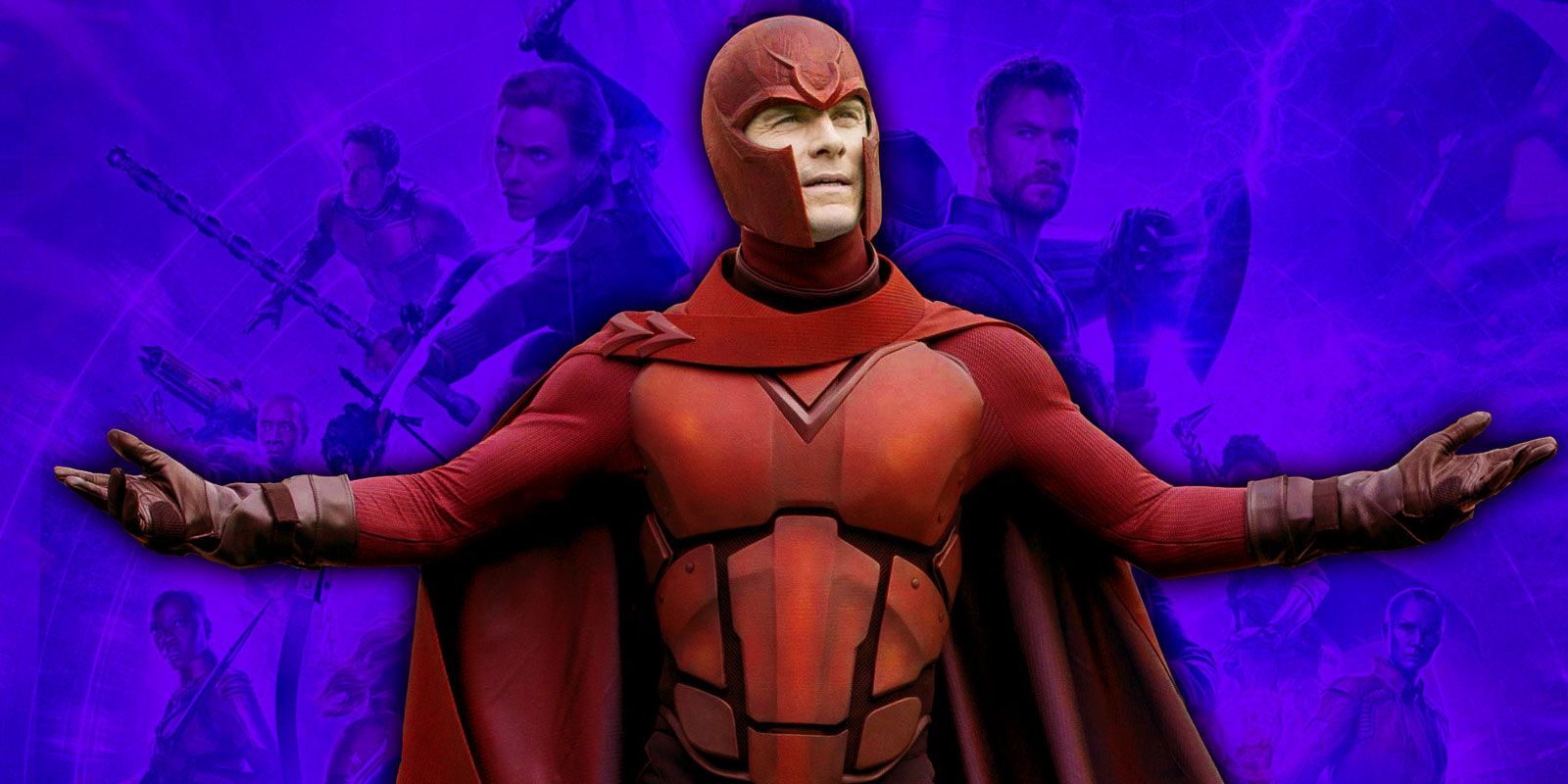 Montage of Michael Fassbender's Magneto over an MCU character poster