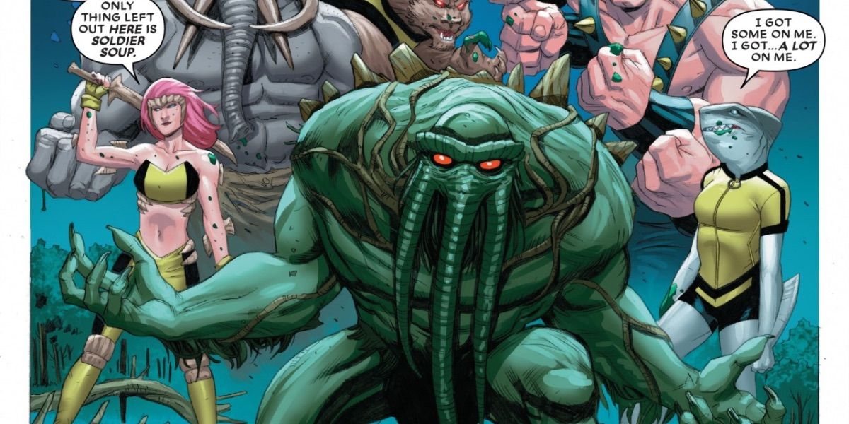 Man-Thing stands among X-Men from Curse of the Man-Thing comics.