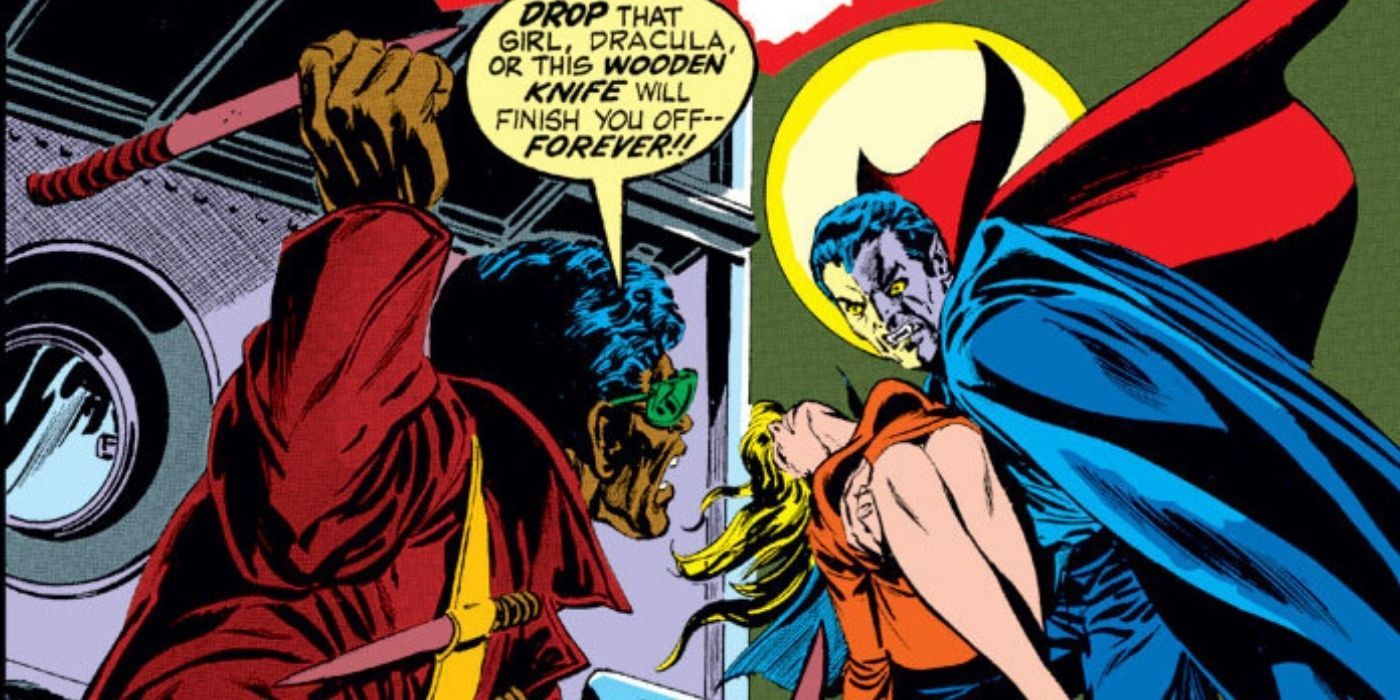 Blade threatens Dracula in Marvel Comics