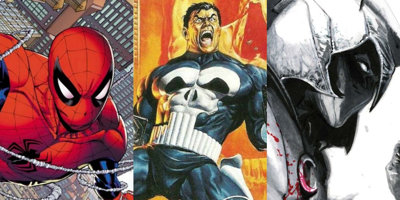 Split image of Spider-Man, the Punisher, and Moon Knight