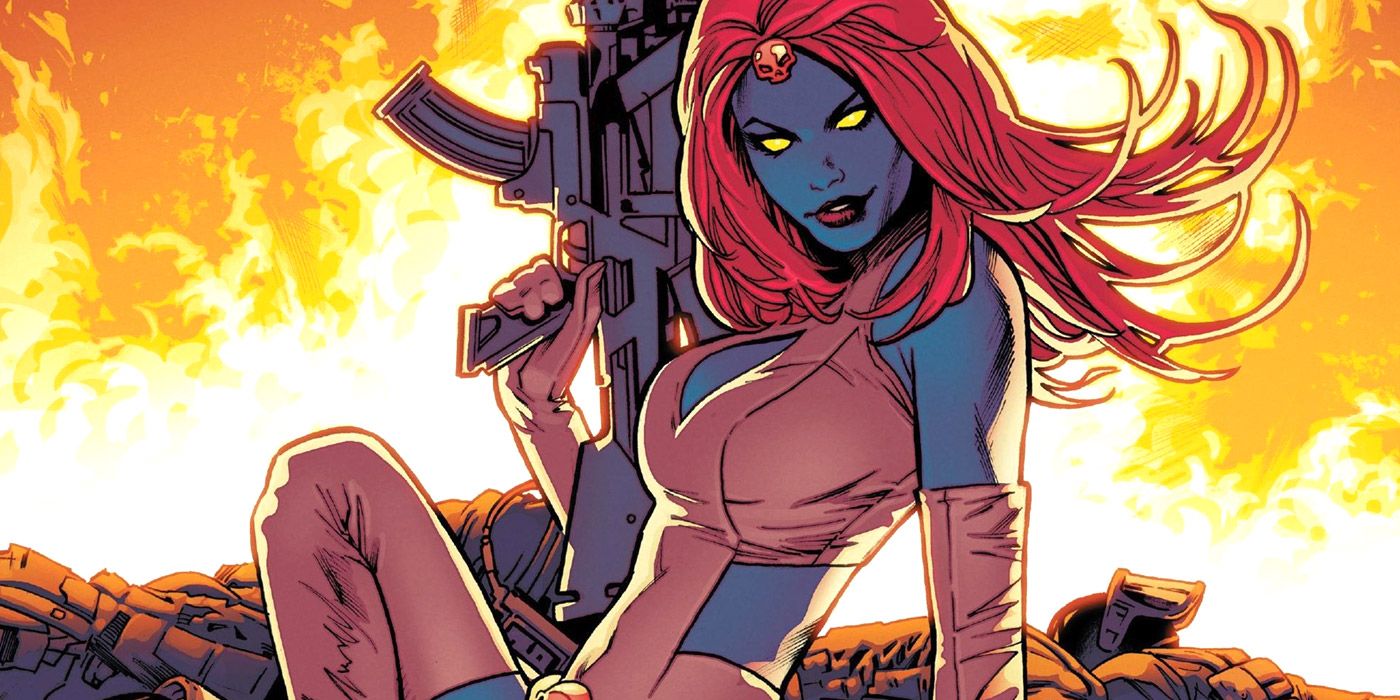 Mystique with a machine gun in Marvel comics
