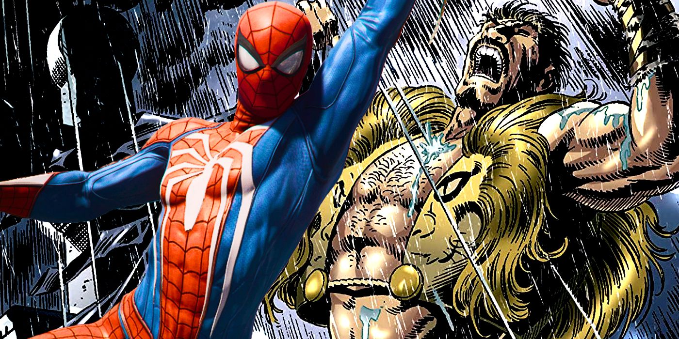 A split image of Kraven the Hunter standing in the rain and Peter swinging on a web in the Spider-Man comics
