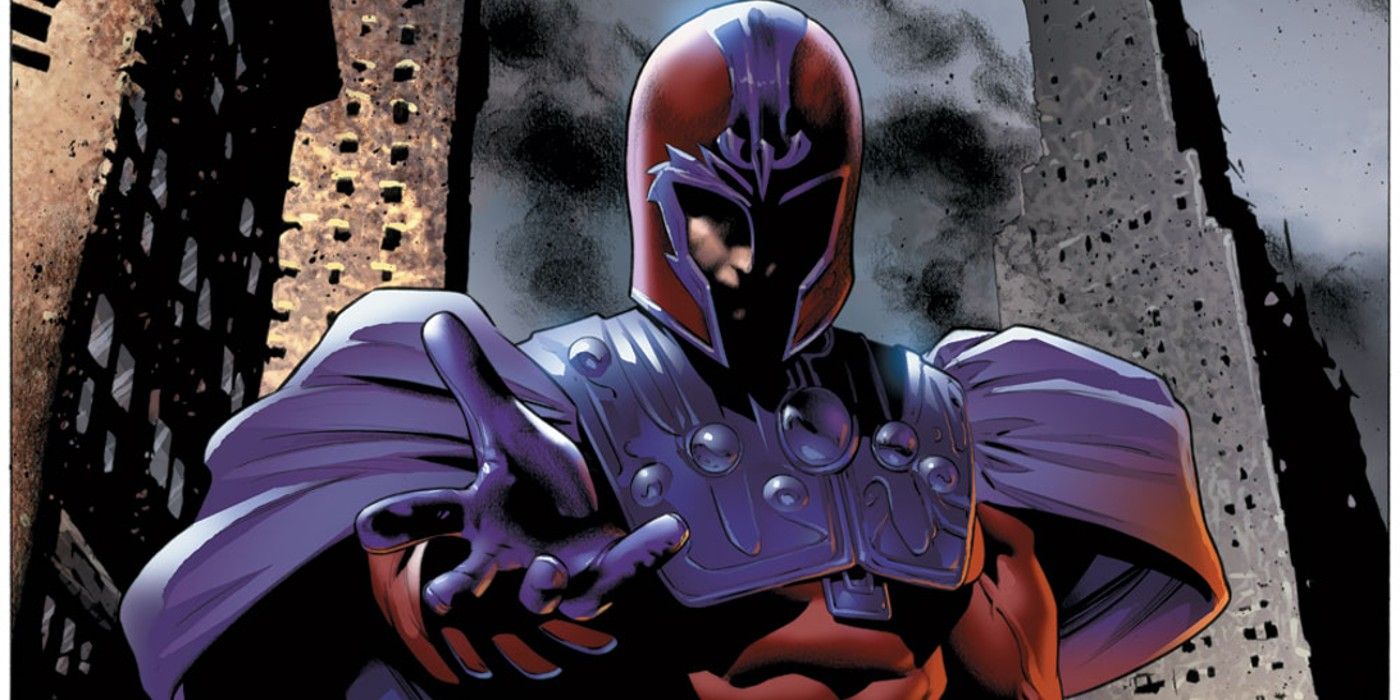 Magneto with a city in the background.