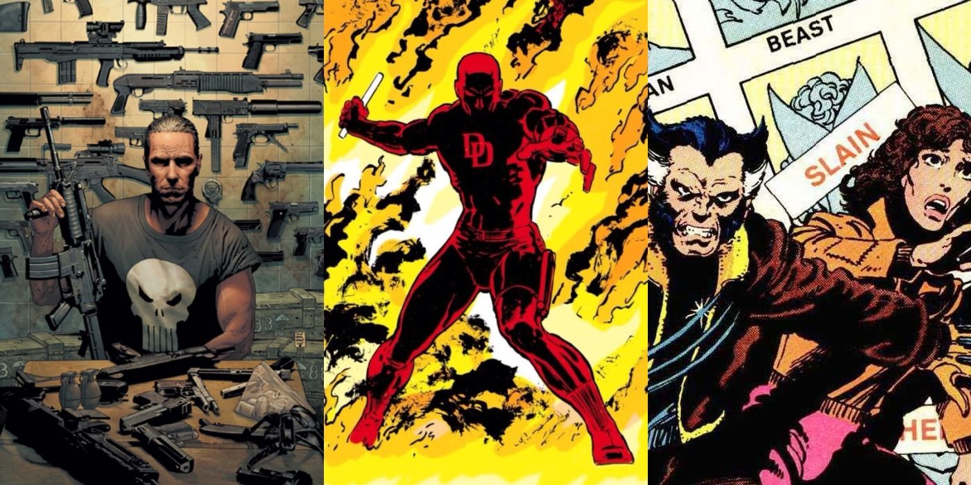 Split image of the the Punisher, Daredevil, and Wolverine with Kitty Pryde in the comics