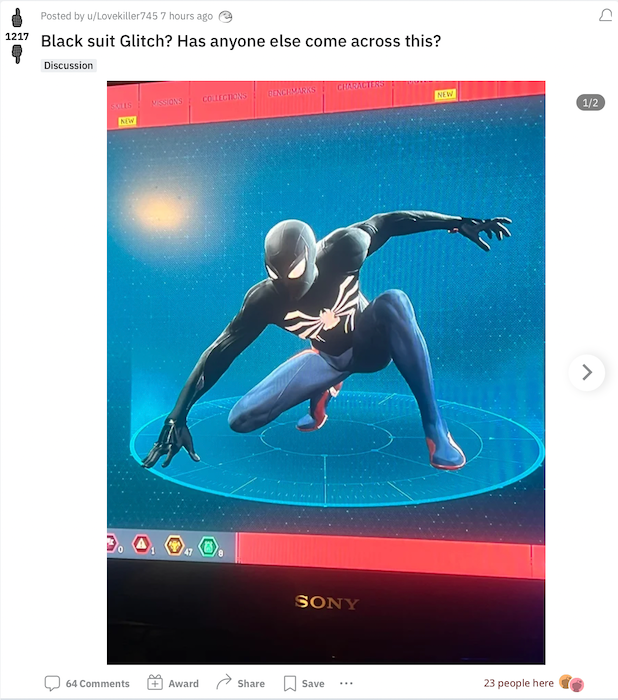 Marvel's Spider-Man Black Suit glitch shared on Reddit