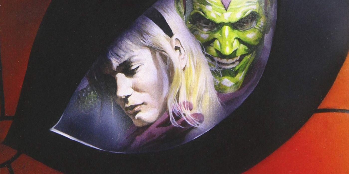 Gwen Stacy and Green Goblin reflected in one of Spider-Man's lenses