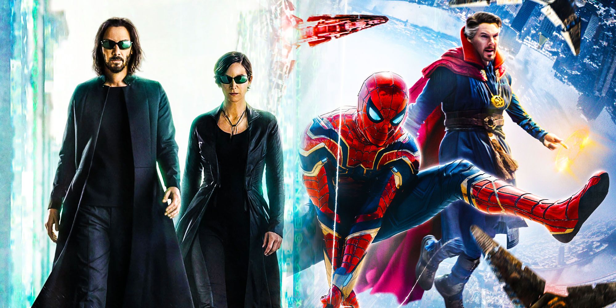 Matrix Resurrections movie marketing next to Spider-Man: No Way Home marketing - comparing the two movies