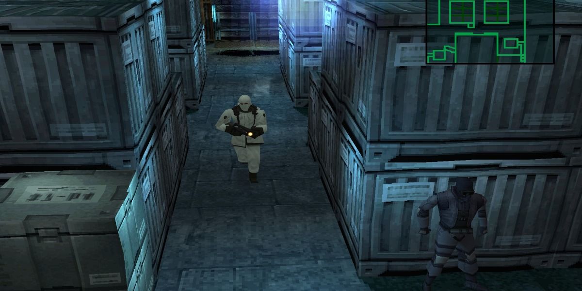 Solid Snake hides form a foot soldier in Metal Gear Solid.