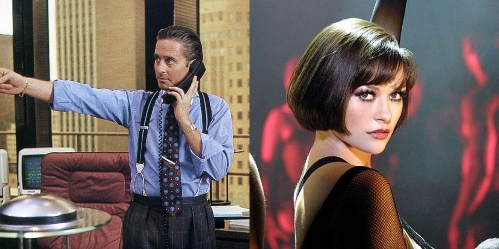 Split image showing Michael Douglas' character in Wall Street &amp; Catherine Zeta-Jones character in Chicago