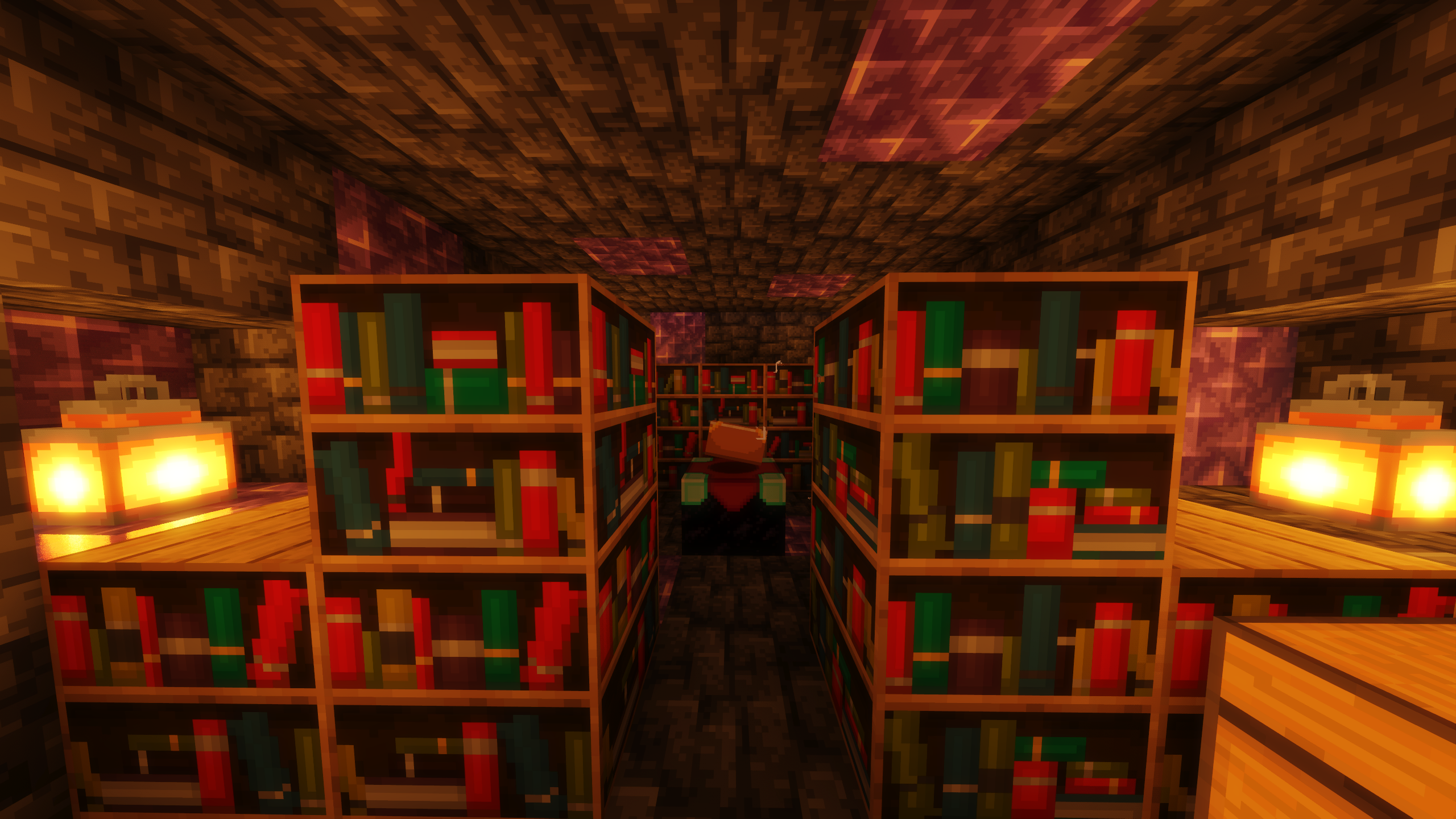 Uma mesa encantadora no Minecraft, cercada por estantes e em uma biblioteca mal iluminada