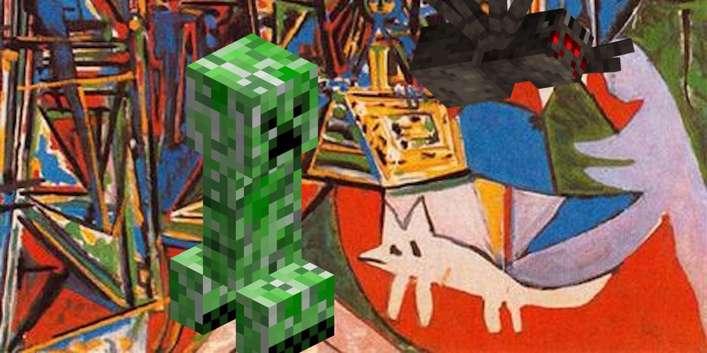 Pablo Picasso painting featuring a Minecraft Creeper and Spider