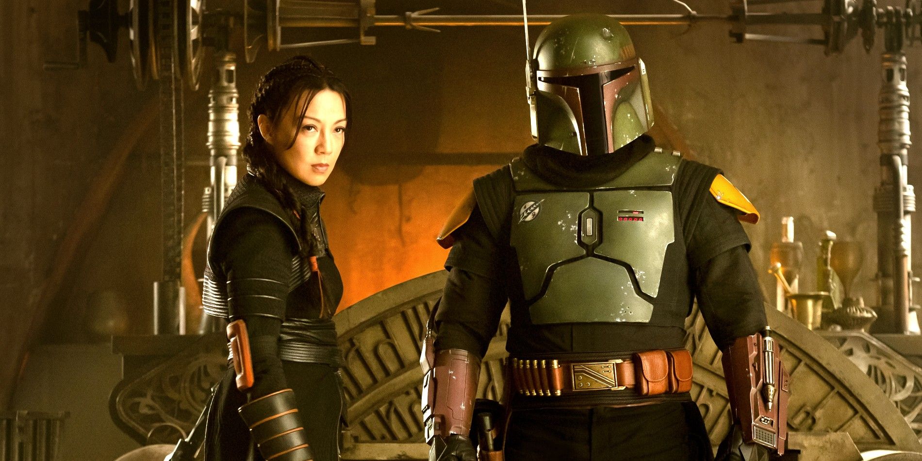 Ming Na Wen and Temuera Morrison in The Book of Boba Fett