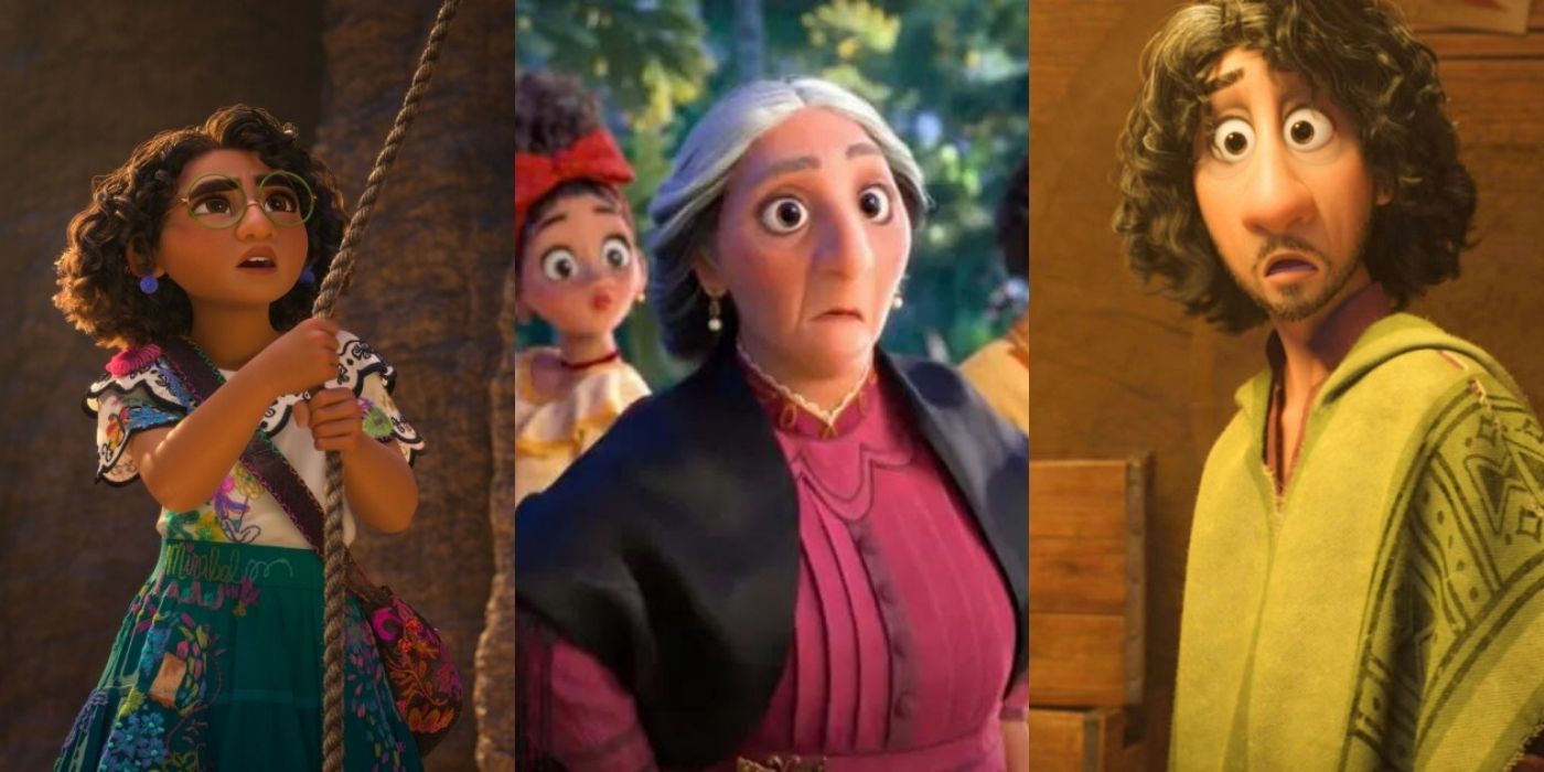 Mirabel, Abuela, and Bruno in different scenes from Encanto