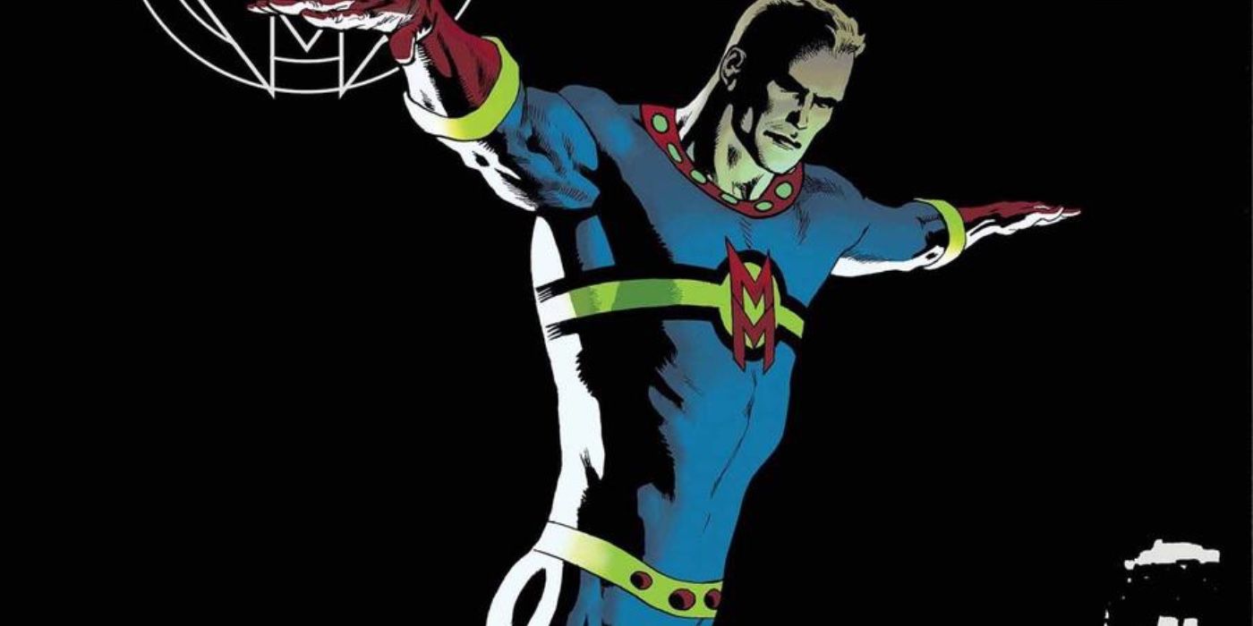 Miracleman flying, arms outstretched, against a black backdrop