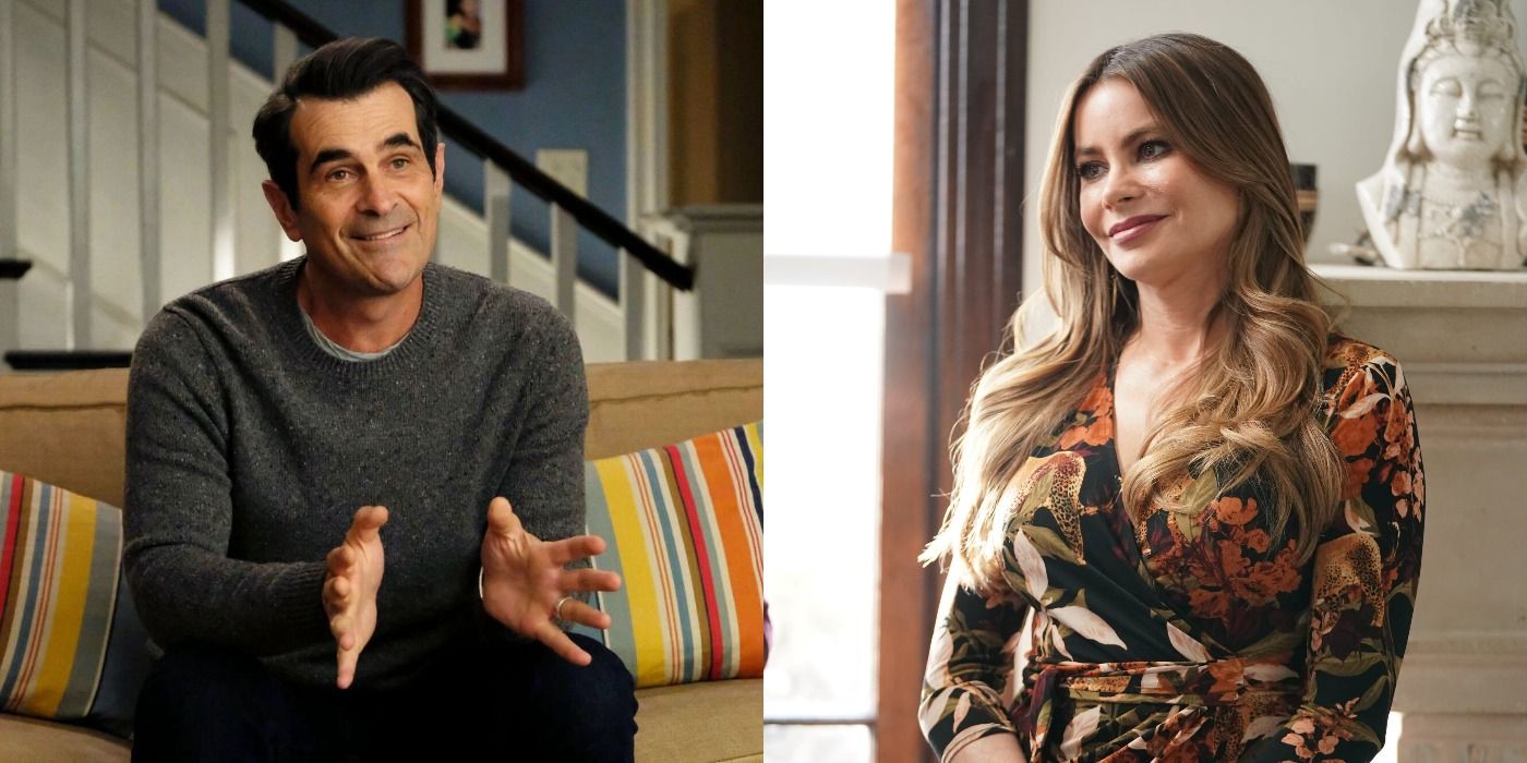 Split image showing Phil and Gloria in Modern Family