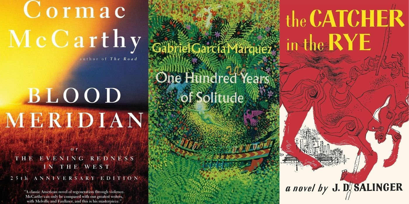 Split image of book covers of Blood Meridian, One Hundread Years of Solitude, and Catcher in the Rye