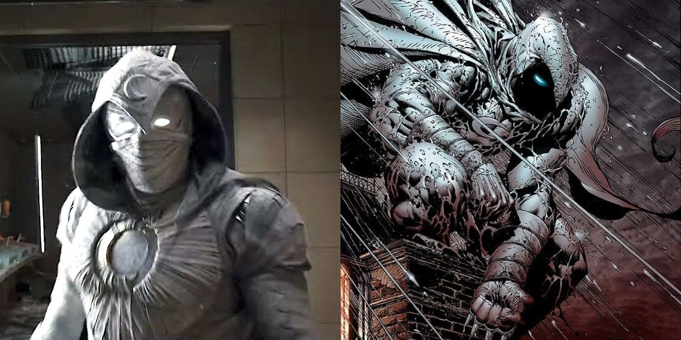 Split image of the white Moon Knight suit for the TV show and David Finch and Danny Miki's design from the comics