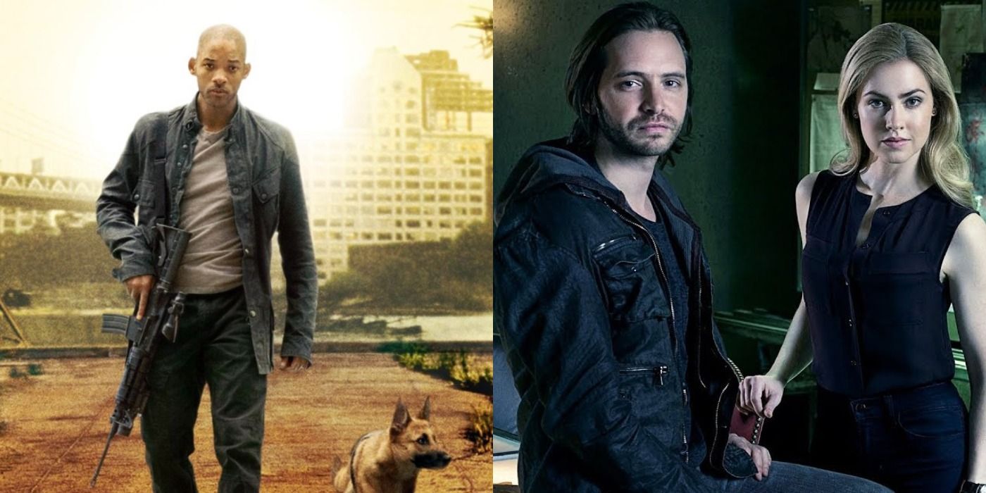 Split image: A man walks with a dog in I Am Legend/ Two people stand close in 12 Monkeys