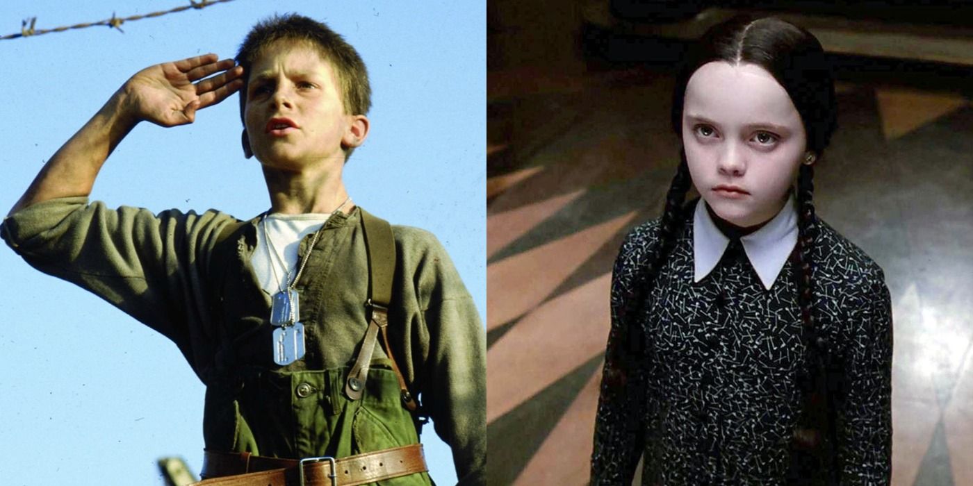 Two side by side images of Christian Bale salutes in Empire of the Sun/ Wednesday Addam sulks in The Addams Family