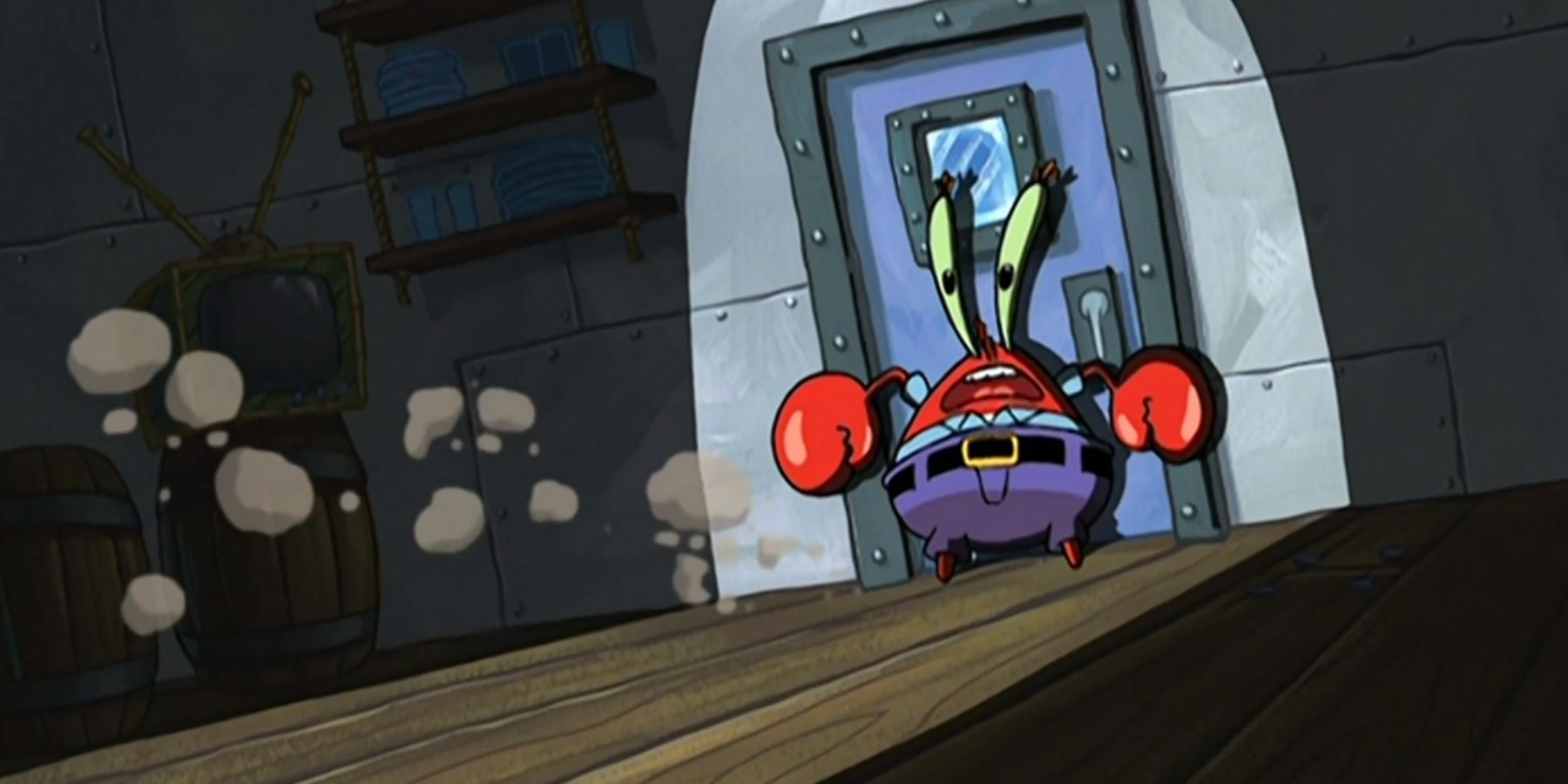 Mr. Krabs blocking entry to the freezer in The Nasty Patty in SpongeBob SquarePants