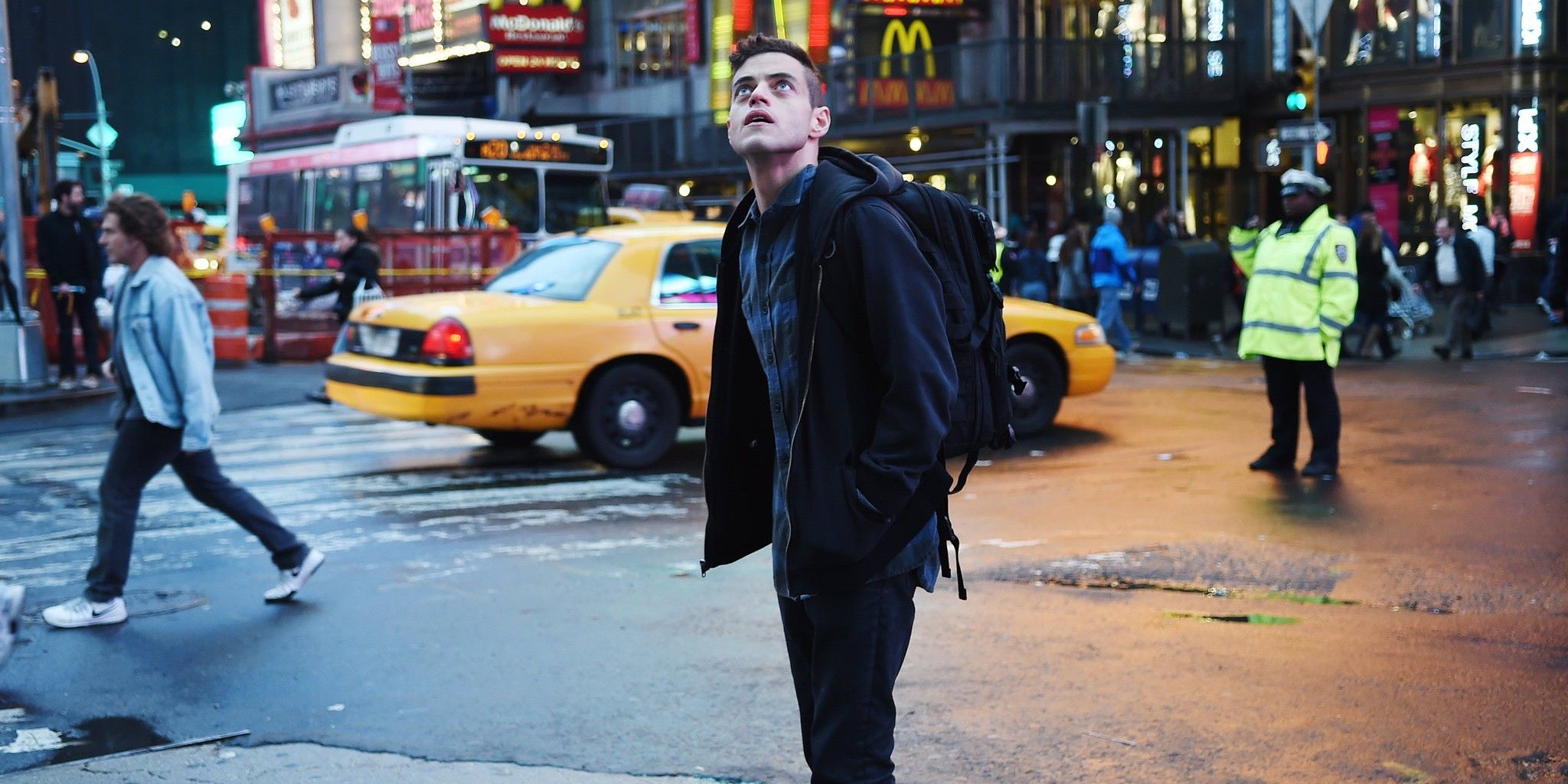 Mr. Robot Rami Malek stands in Times Square