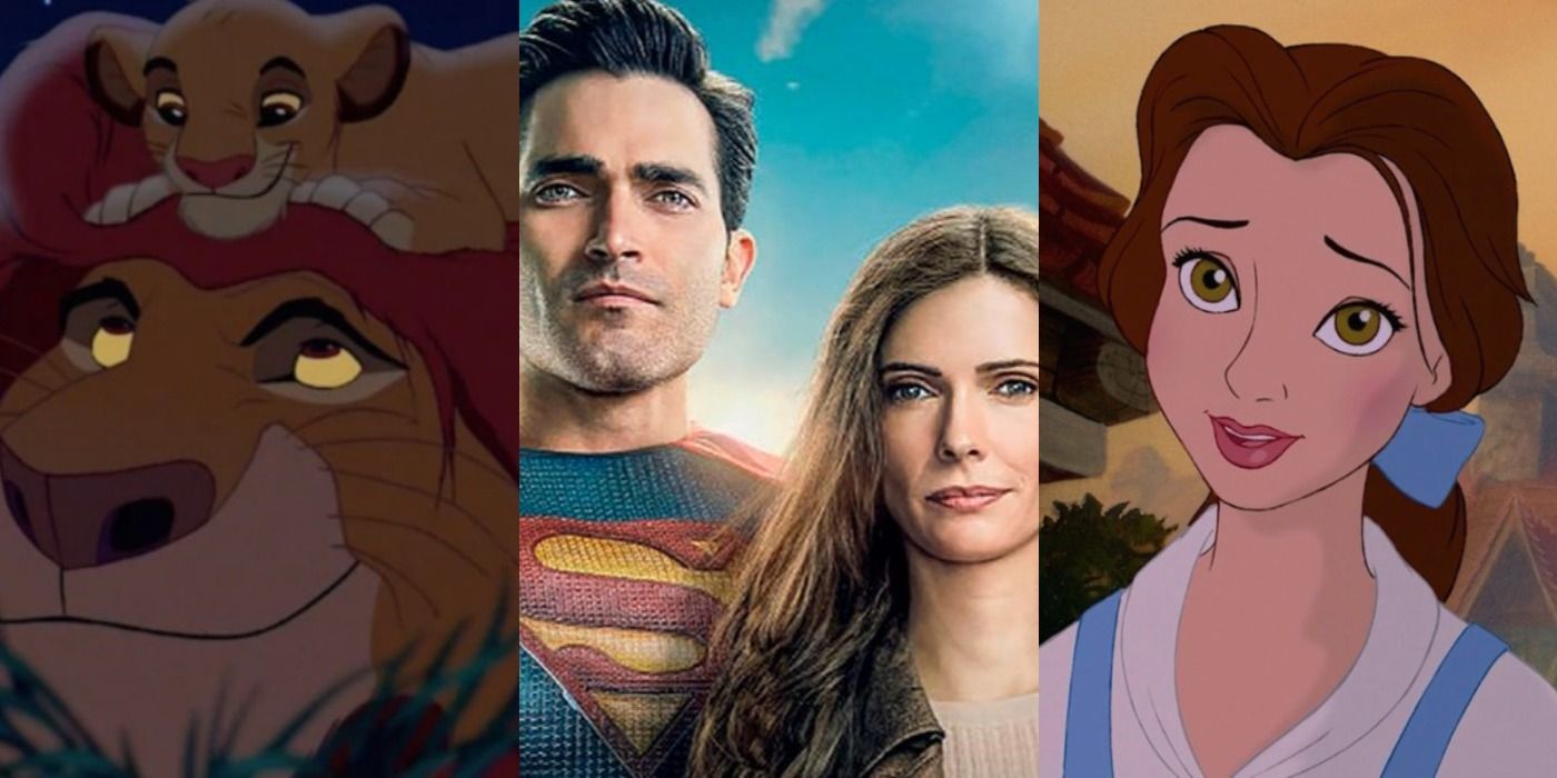 A split image features Mufasa in The Lion King, Superman and Lois in the CW show, and Belle in Beauty and the Beast