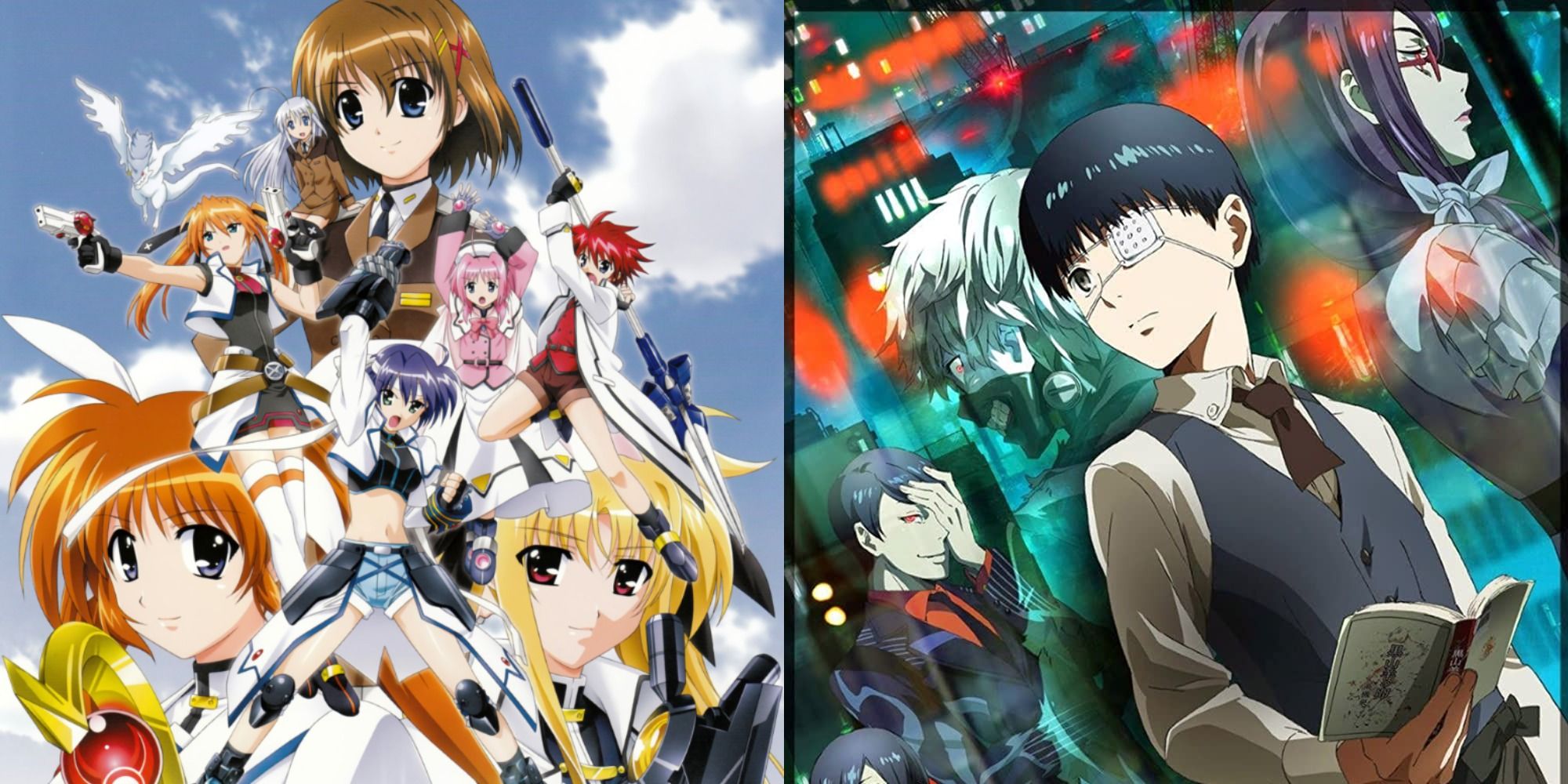 Split image showing characters from the Nanoha Strikers and Tokyo Ghoul animes