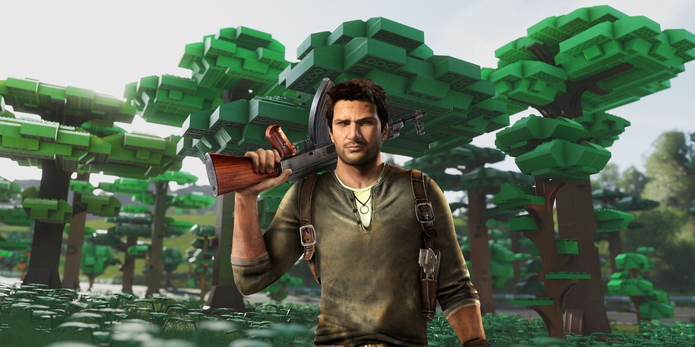 Nathan Drake in a LEGO forest