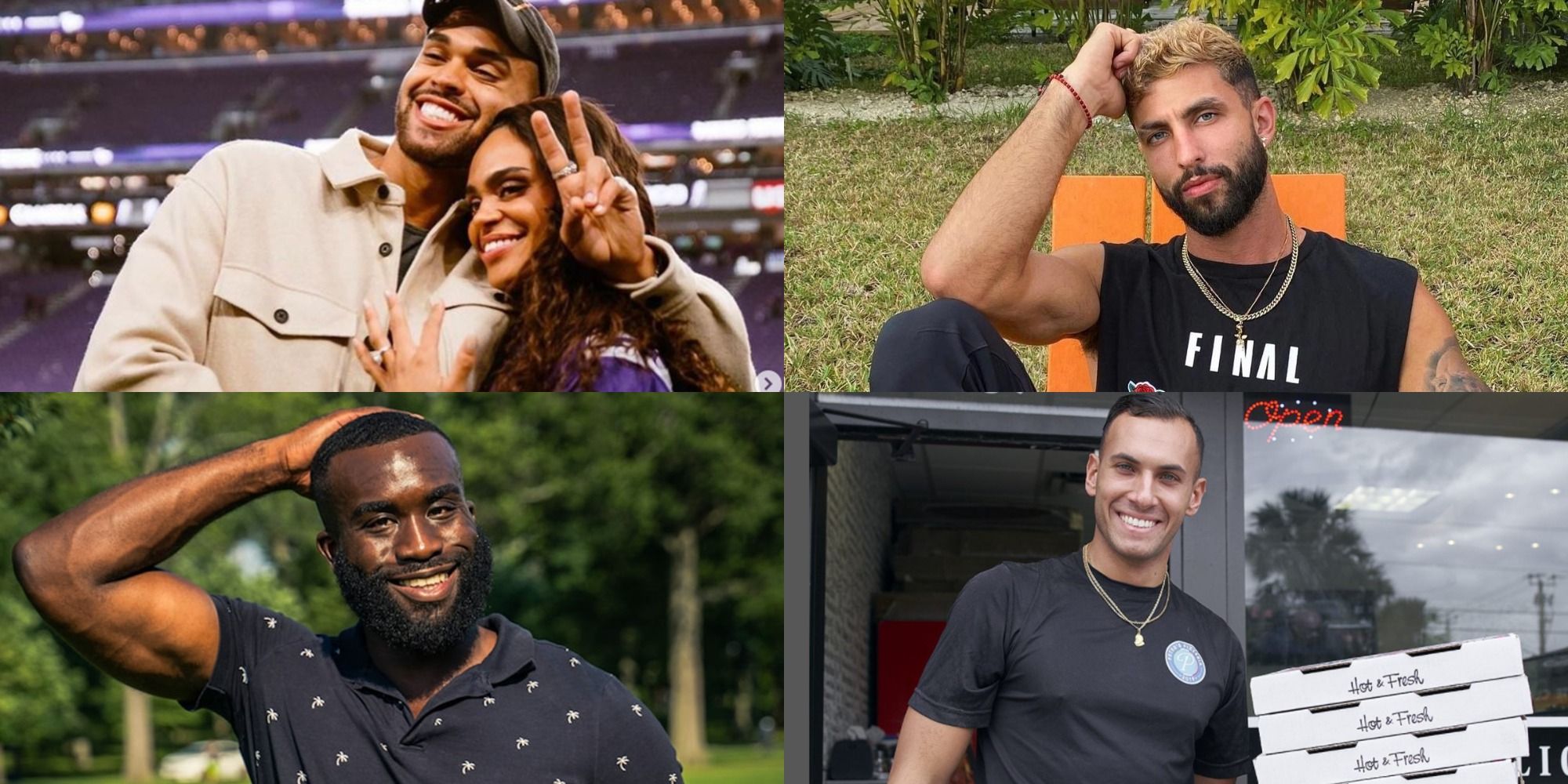 Collage of winner Nayte Olukoya with Michelle Young, Martin Gelbspan, Olu Onajide, and Peter Izzo from The Bachelorette Season 18