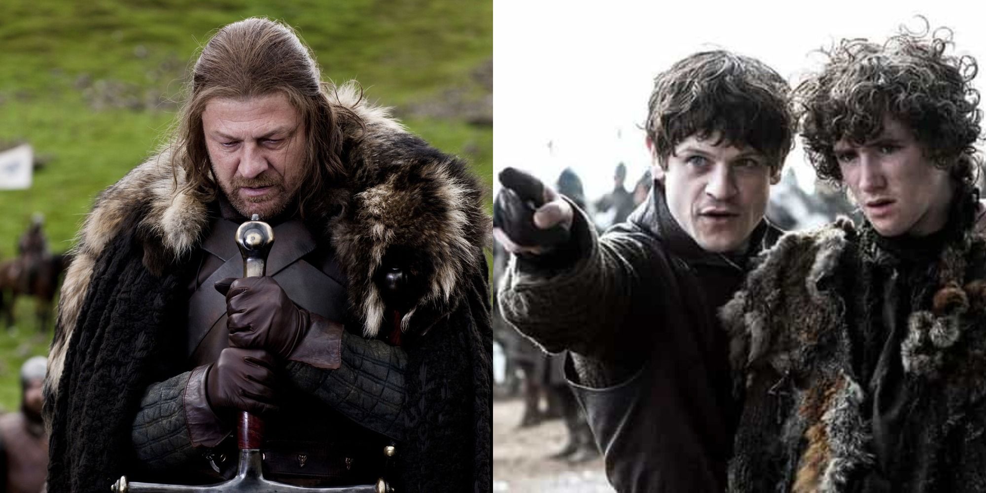 Ned Stark holds his sword Ice while Ramsay Bolton points to Rickon where he should run
