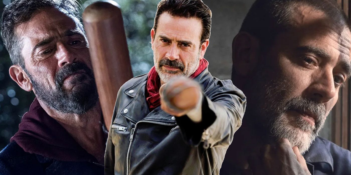 The Walking Dead's Negan (jeffrey dean morgan)(left to right) making his bat Lucille, pointing Lucille at camera, and looking out his cell window in prison