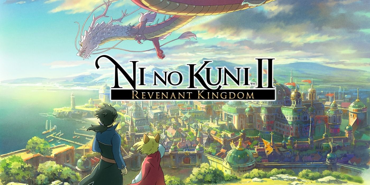 Ni No Kuni II promo art with the young prince protagonist and Roland Crane watching a dragon fly over the kingdom below