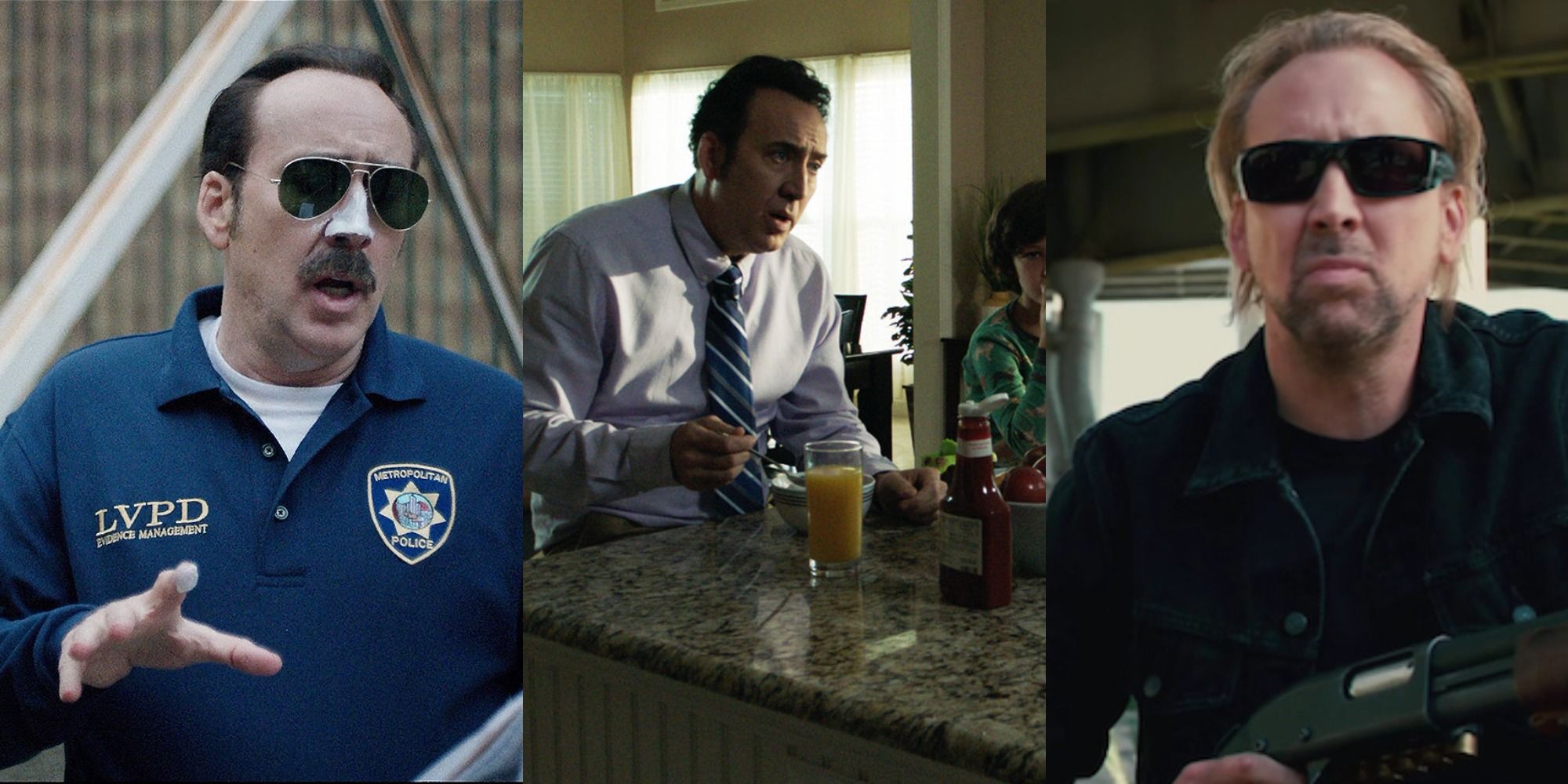 Split image of Nicolas Cage in The Trust, Mom and Dad, and Drive Angry