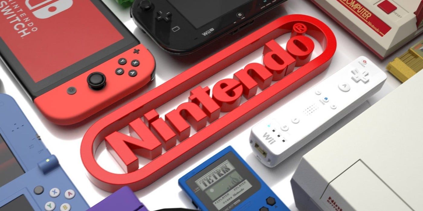 Nintendo logo surrounded by gaming consoles