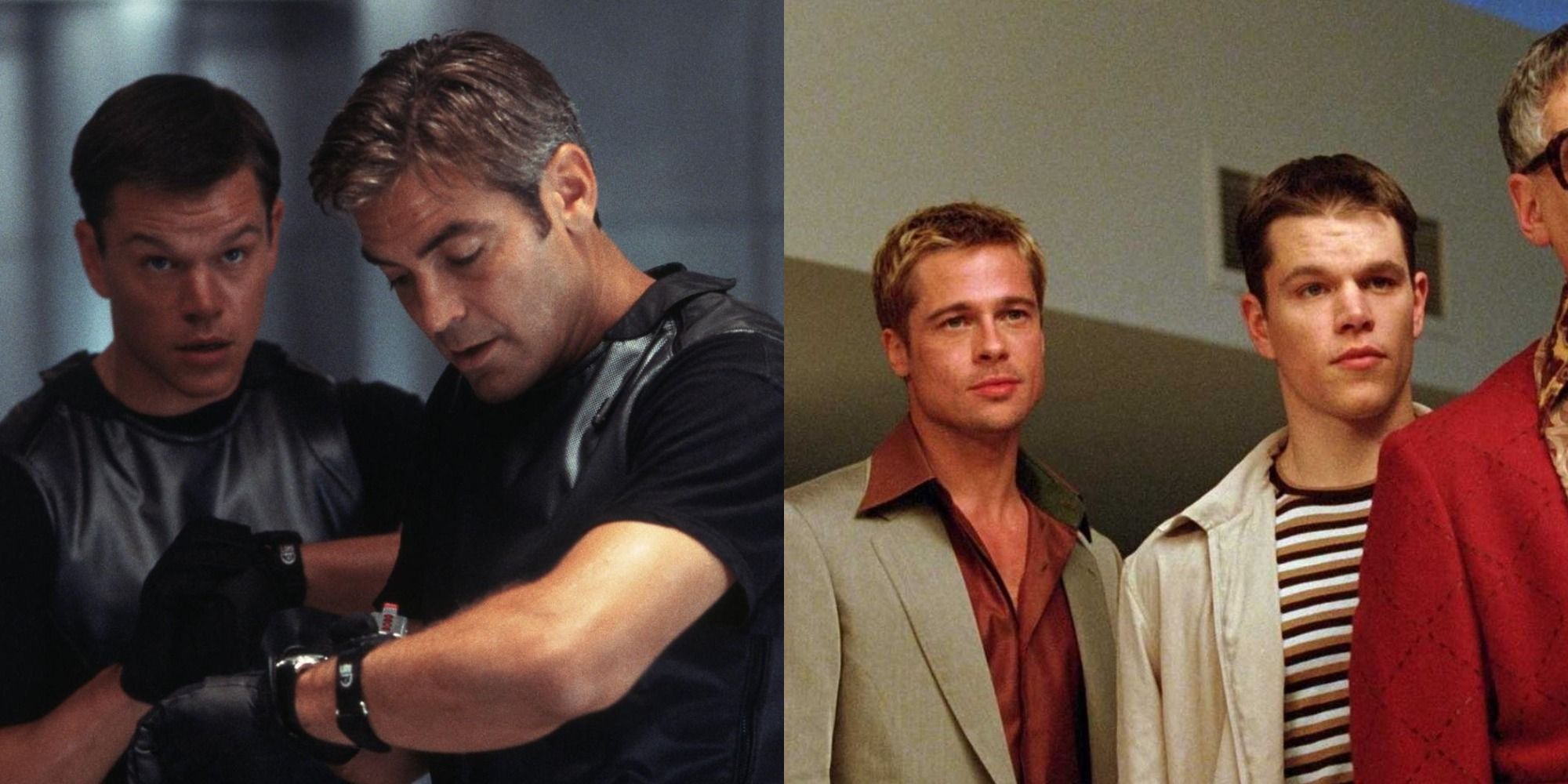 Split image of Matt Damon and George Clooney and Brad Pitt and Matt Damon in Ocean's Eleven