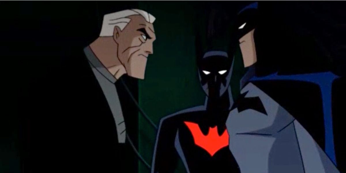 Old Bruce Wayne meeting his younger self, with Terry McGinnis' Batman in the background