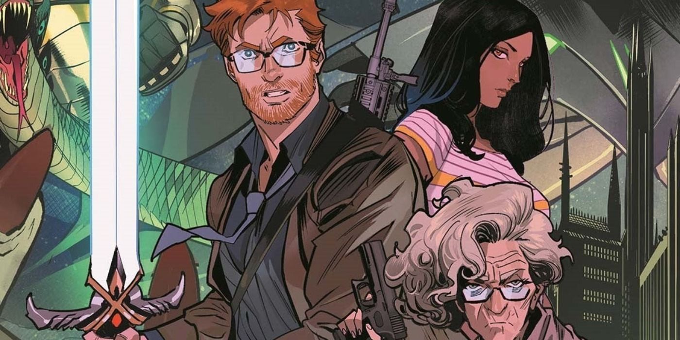 An image of Once &amp; Future cover art featuring the main cast, with Duncan McGuire wielding a mystical sword